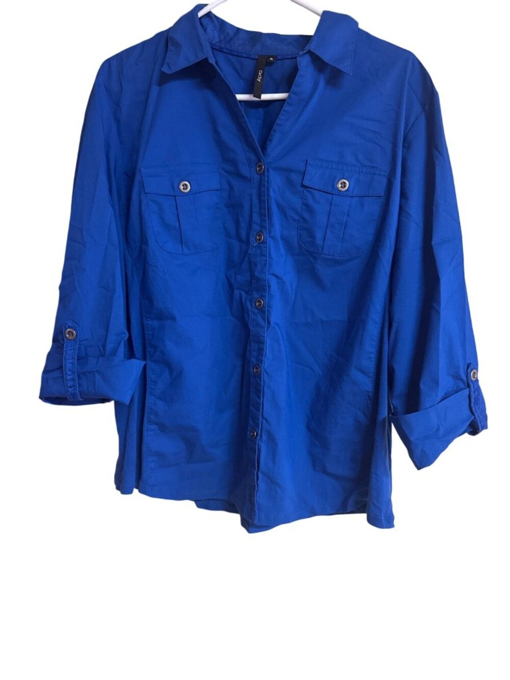 Button-Up Shirt With Roll-Tab Sleeves In Bright Blue - XL
